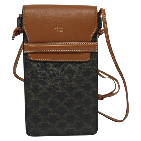 CELINE Triomphe Phone Holder Shoulder Bag PVC Leather Black Auth 139988