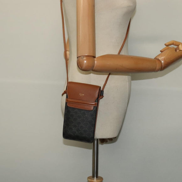 CELINE Triomphe Phone Holder Shoulder Bag PVC Leather Black Auth 139988