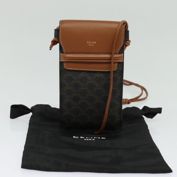 CELINE Triomphe Phone Holder Shoulder Bag PVC Leather Black Auth 139988