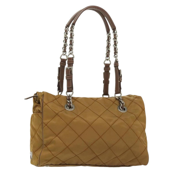 PRADA Chain Shoulder Bag Nylon Beige Silver Auth 140091