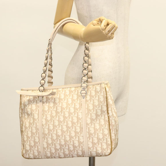 Christian Dior Trotter Canvas Romantic Chain Tote Bag PVC Beige Auth 140098