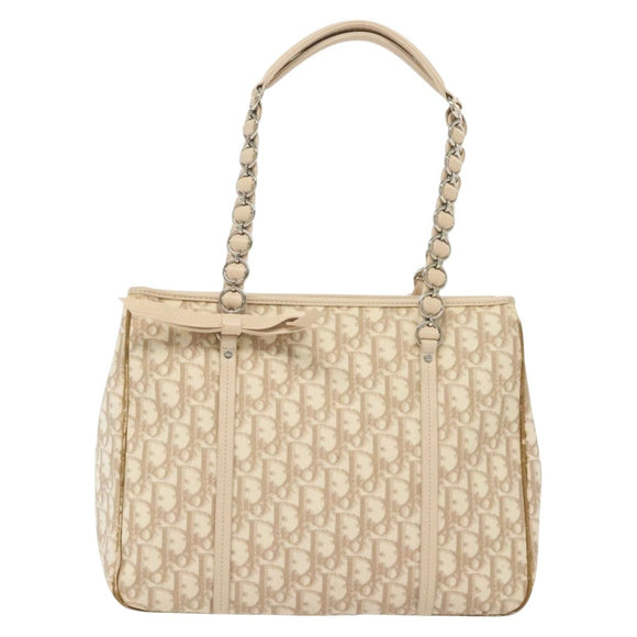 Christian Dior Trotter Canvas Romantic Chain Tote Bag PVC Beige Auth 140098