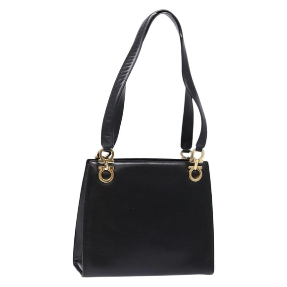 Salvatore Ferragamo Gancini Shoulder Bag Leather Black Gold Auth 140104