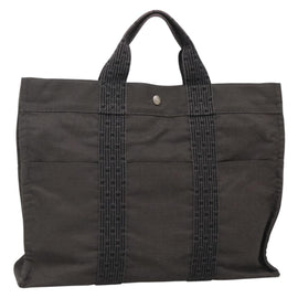 HERMES Her Line MM Hand Bag Canvas Gray Silver Auth 140106