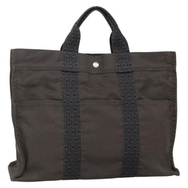 HERMES Her Line MM Hand Bag Canvas Gray Silver Auth 140107