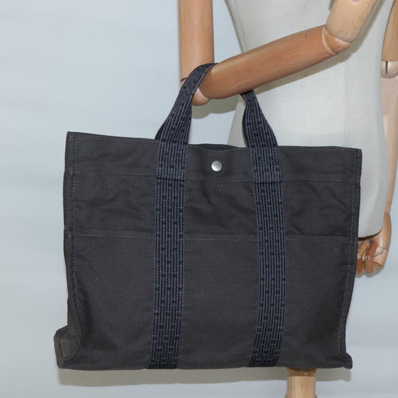 HERMES Her Line MM Hand Bag Canvas Gray Silver Auth 140107