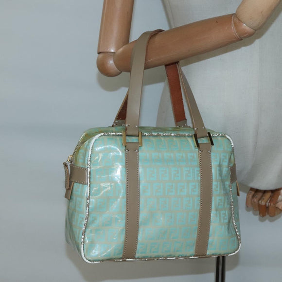 FENDI Zucchino Canvas Hand Bag Coated Canvas Peppermint Gold Auth 140112
