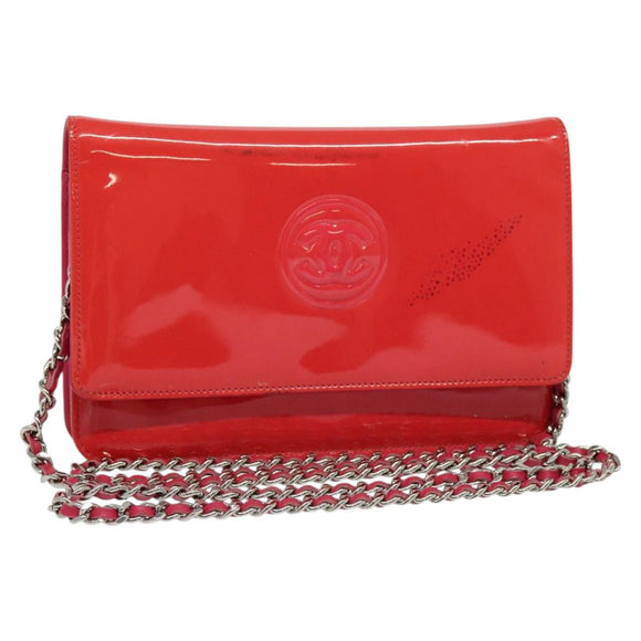 CHANEL Chain Shoulder Wallet Enamel Pink Silver CC Auth 140117
