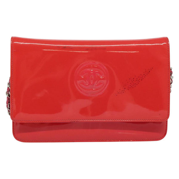 CHANEL Chain Shoulder Wallet Enamel Pink Silver CC Auth 140117