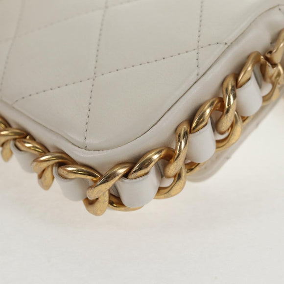 CHANEL Chain Matelasse Shoulder Bag Lamb Skin White Gold CC Auth 140124M