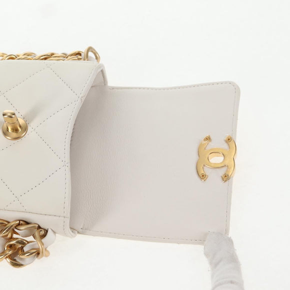CHANEL Chain Matelasse Shoulder Bag Lamb Skin White Gold CC Auth 140124M