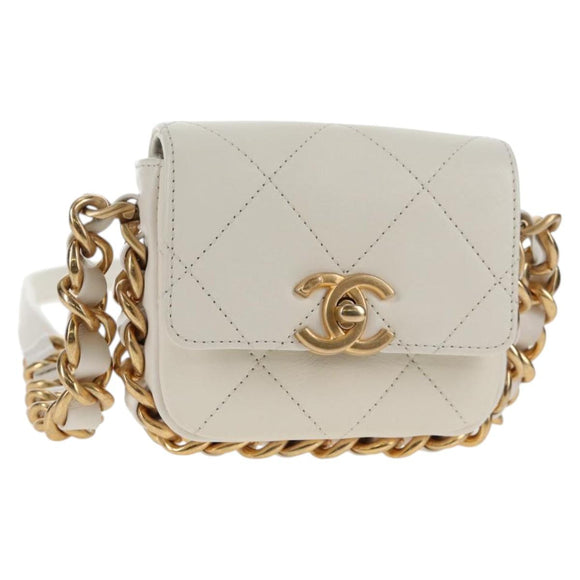 CHANEL Chain Matelasse Shoulder Bag Lamb Skin White Gold CC Auth 140124M