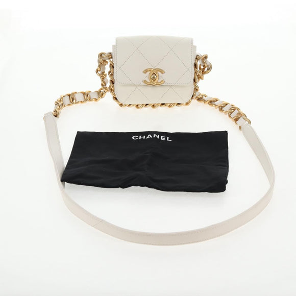 CHANEL Chain Matelasse Shoulder Bag Lamb Skin White Gold CC Auth 140124M