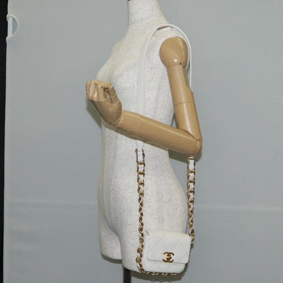 CHANEL Chain Matelasse Shoulder Bag Lamb Skin White Gold CC Auth 140124M
