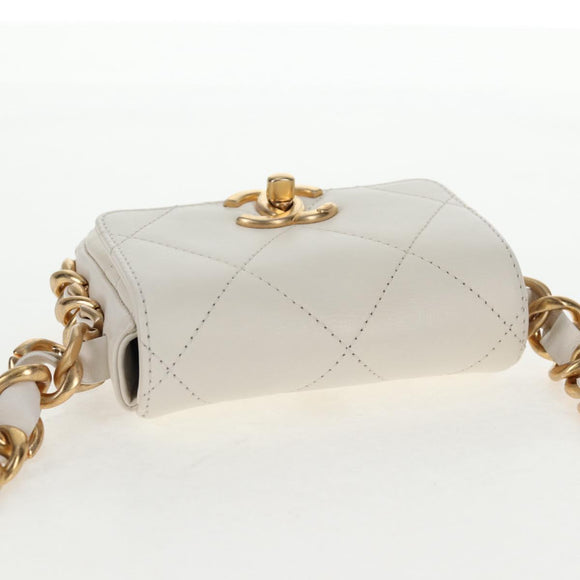 CHANEL Chain Matelasse Shoulder Bag Lamb Skin White Gold CC Auth 140124M