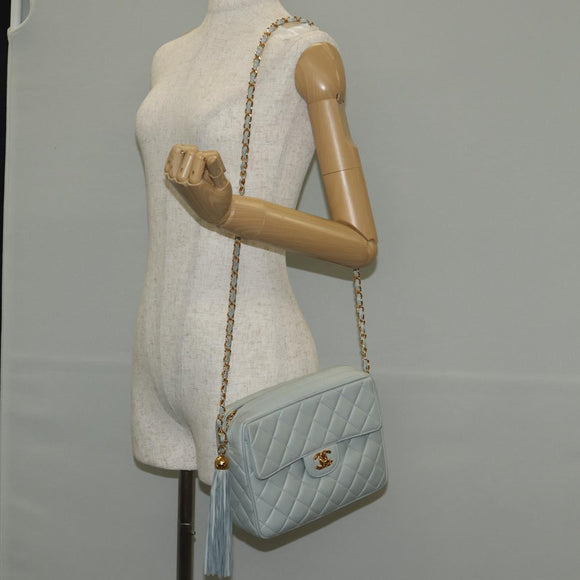 CHANEL Matelasse Chain Shoulder Bag Lamb Skin Light Blue Gold CC Auth 140125V