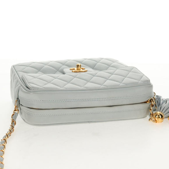 CHANEL Matelasse Chain Shoulder Bag Lamb Skin Light Blue Gold CC Auth 140125V