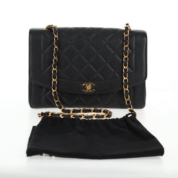 CHANEL Matelasse Diana Chain Shoulder Bag Caviar Skin Black CC Auth 140126SM