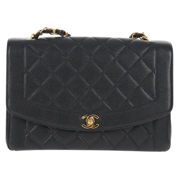 CHANEL Matelasse Diana Chain Shoulder Bag Caviar Skin Black CC Auth 140126SM