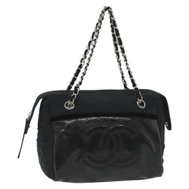 CHANEL Matelasse Chain Boston Bag Canvas Black Silver CC Auth 140143