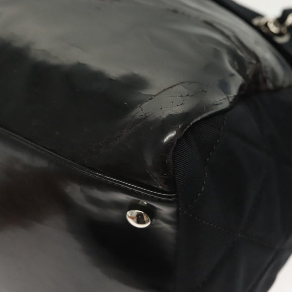 CHANEL Matelasse Chain Boston Bag Canvas Black Silver CC Auth 140143