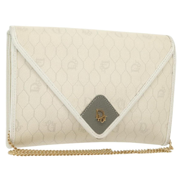 Christian Dior Honeycomb Canvas Chain Shoulder Bag PVC White Gold Auth 140166