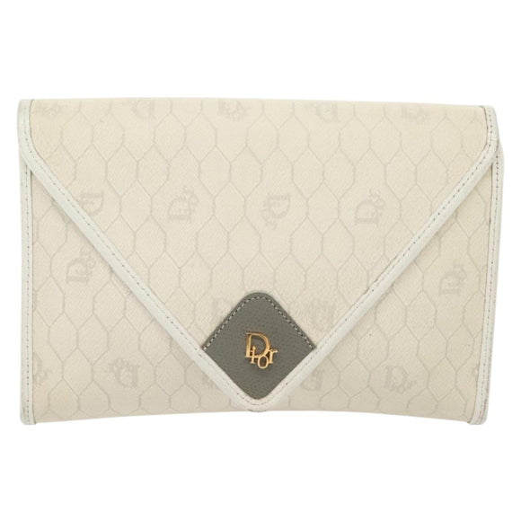 Christian Dior Honeycomb Canvas Chain Shoulder Bag PVC White Gold Auth 140166