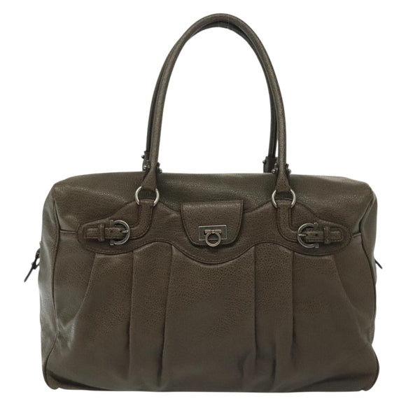 Salvatore Ferragamo Gancini Hand Bag Leather Khaki Silver Auth 140186