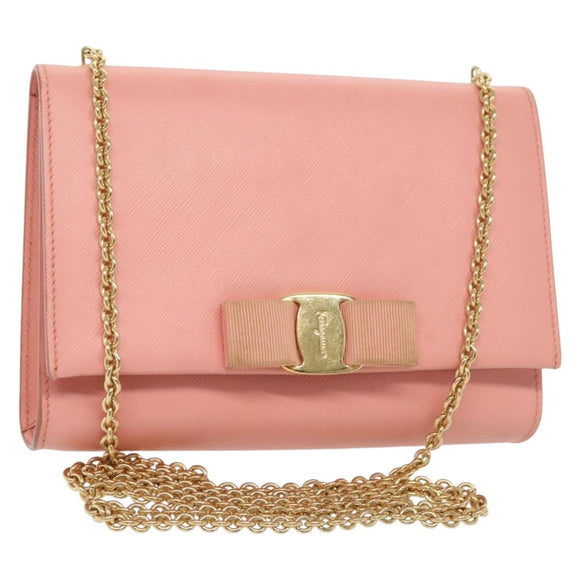 Salvatore Ferragamo Chain Vala Shoulder Bag Leather Pink Gold Auth 140214