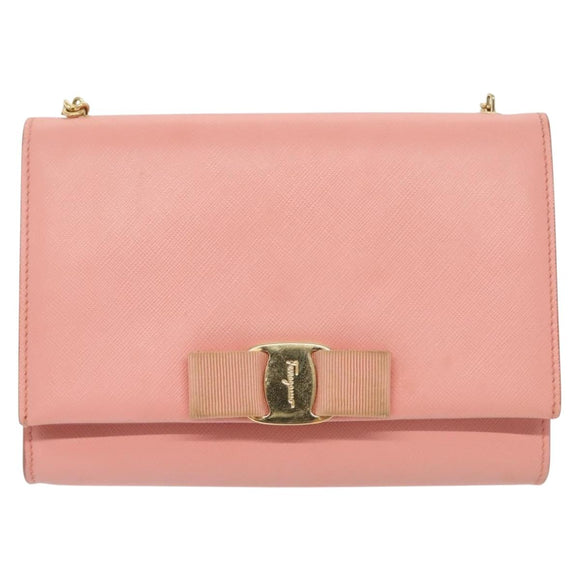 Salvatore Ferragamo Chain Vala Shoulder Bag Leather Pink Gold Auth 140214