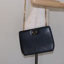 Salvatore Ferragamo Gancini Chain Shoulder Bag Leather Navy Gold Auth 140222-20