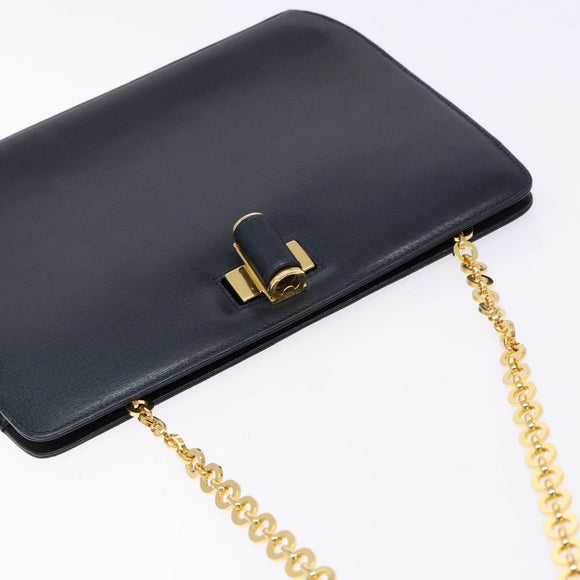 Salvatore Ferragamo Gancini Chain Shoulder Bag Leather Navy Gold Auth 140222