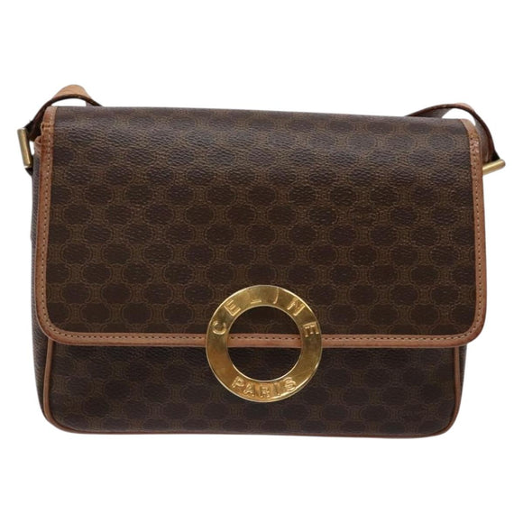 CELINE Macadam Canvas Circle Shoulder Bag PVC Leather Brown Gold Auth 140226