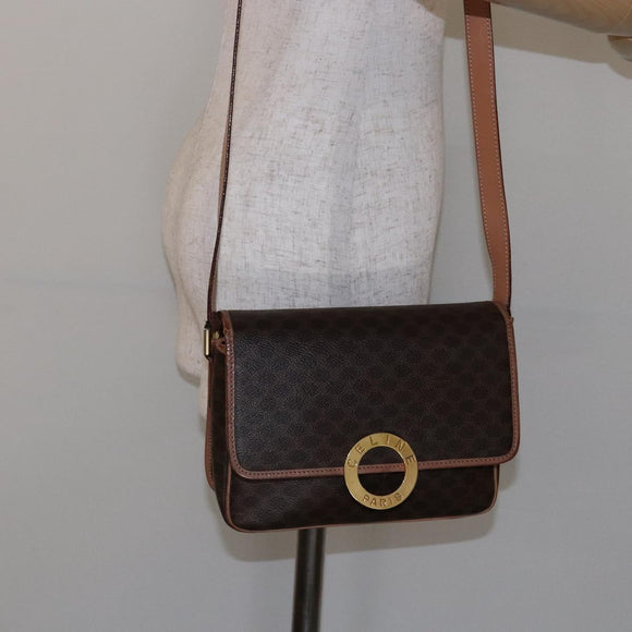 CELINE Macadam Canvas Circle Schultertasche PVC Leder Braun Gold Auth 140226
