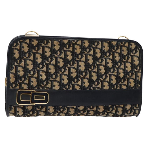 Christian Dior Trotter Canvas Clutch Bag Navy Gold Auth 140289