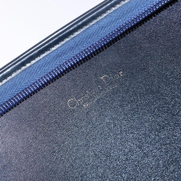 Christian Dior Trotter Canvas Clutch Bag Navy Gold Auth 140289