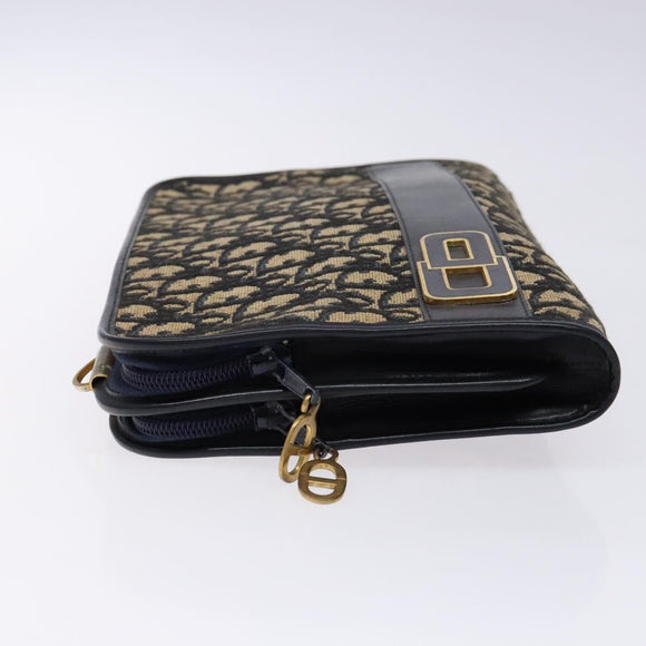 Christian Dior Trotter Canvas Clutch Bag Navy Gold Auth 140289