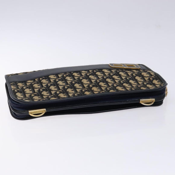 Christian Dior Trotter Canvas Clutch Bag Navy Gold Auth 140289
