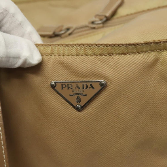 PRADA Tote Bag Nylon Beige Silver Auth 140315