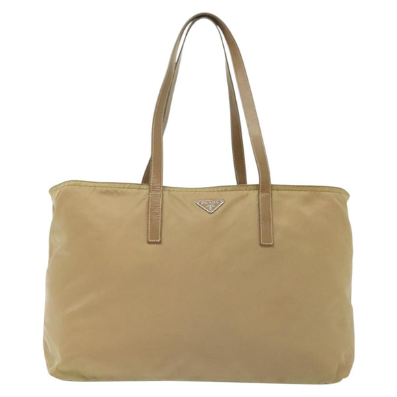 PRADA Tote Bag Nylon Beige Silver Auth 140315