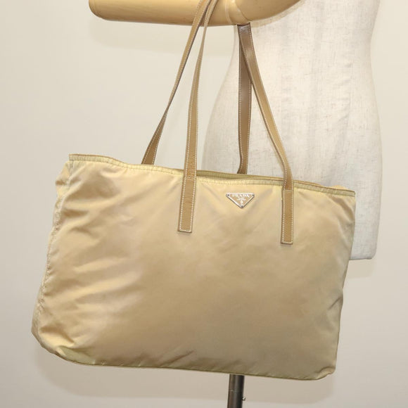PRADA Tote Bag Nylon Beige Silver Auth 140315