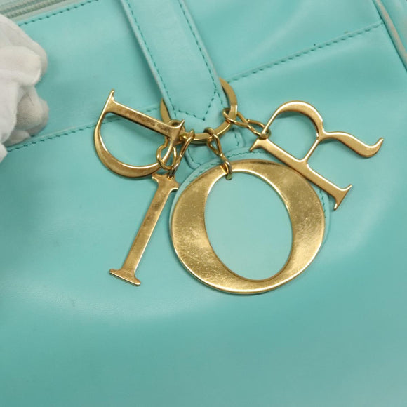 Christian Dior Tote Bag Leather Light Blue Gold Auth 140337