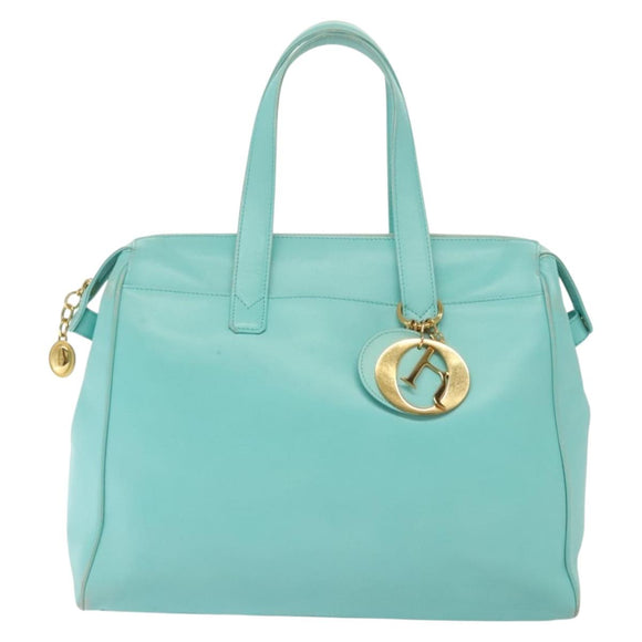 Christian Dior Tote Bag Leather Light Blue Gold Auth 140337