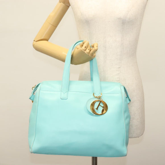 Christian Dior Tote Bag Leather Light Blue Gold Auth 140337