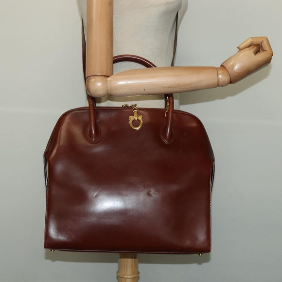 Salvatore Ferragamo Gancini Hand Bag Leather 2way Brown Gold Auth 140342