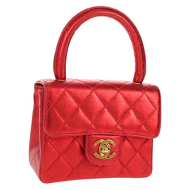 CHANEL Matelasse Top Handle Hand Bag Leather Red Gold CC Auth 140357SM