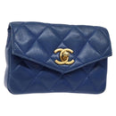 CHANEL Matelasse Pouch Lamb Skin Blue Gold CC Auth 140359-1
