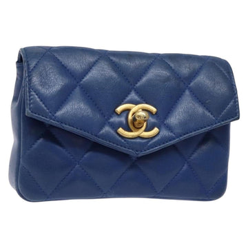 CHANEL Matelasse Pouch Lamb Skin Blue Gold CC Auth 140359
