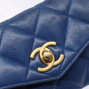 CHANEL Matelasse Pouch Lamb Skin Blue Gold CC Auth 140359-9