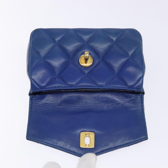 CHANEL Matelasse Pouch Lamb Skin Blue Gold CC Auth 140359